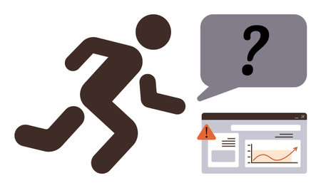 Person running toward a website interface displaying an error alert and graph speech bubble with a question mark. Ideal for problem-solving, urgency, troubleshooting, stress, inquiry, error handlingのイラスト素材