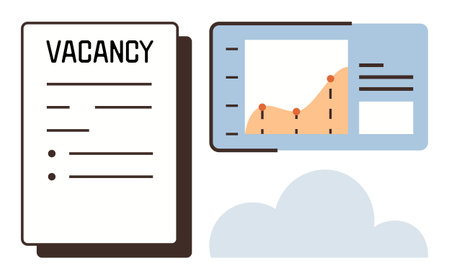 Vacancy document and data chart screen beside cloud element. Ideal for recruitment, analytics, business, employment, online platforms, HR systems, and technology-focused visuals simple flat metaphorのイラスト素材
