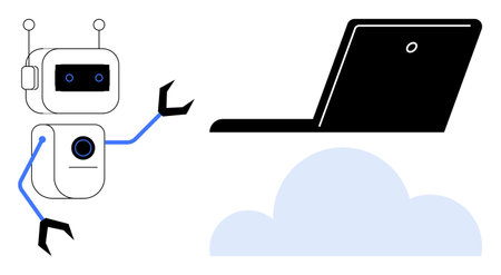 Robot reaching toward laptop over a cloud representing AI, automation, machine learning, and cloud collaboration. Ideal for innovation, technology, data processing, teamwork, futuristic conceptsのイラスト素材