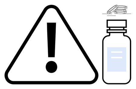 Exclamation mark inside triangle near closed medication bottle with tablets, emphasizing caution. Ideal for safety, healthcare, warning, risk management, pharmaceuticals, drug use, public healthのイラスト素材