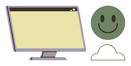 Computer screen, green happy face, and abstract cloud shape symbolizing technology, optimism, and digital connectivity. Ideal for themes thumbs up networking, cloud computing, customer satisfactionのイラスト素材