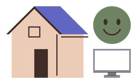 House with blue roof, smiling green face, and computer monitor in minimalist style. Ideal for remote work, well-being, home office, technology, happiness, creativity simple flat metaphorのイラスト素材