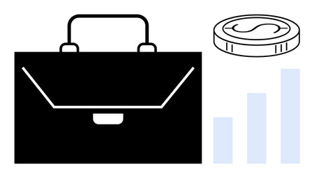 Black briefcase, gold coin, ascending bar graph. Ideal for business, finance, investment, career, growth profit planning. Clean simple flat metaphorのイラスト素材