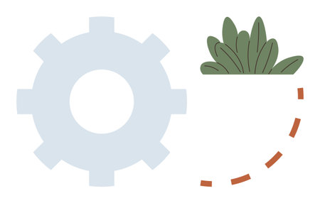 Gear symbol next to a potted plant with dashed line representing process, growth, sustainability, creativity, ecology, teamwork, and innovation. Ideal for simple flat metaphorのイラスト素材