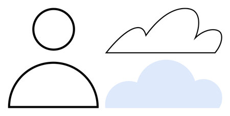Simple outline of a person next to black and blue clouds conveys human connection, thoughts, ideas, creativity, technology, networking, individuality, and simplicity. Ideal for abstract flat metaphorのイラスト素材
