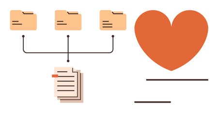 Three folders connected to a stack of documents, paired with a red heart symbol, representing data management, organization, teamwork, digital sharing, love for work, and care in simplicity. Idealのイラスト素材