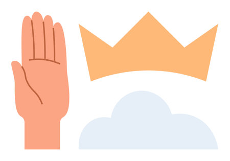 Raised hand gesture near a golden crown and soft cloud. Ideal for leadership, power, loyalty, achievement, aspiration, respect, ambition. A simple flat metaphorのイラスト素材