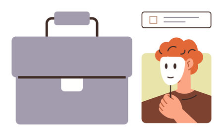 Briefcase alongside individual holding a mask, representing identity, professionalism, and deception. Ideal for career, responsibility, anonymity, duality, identity management human behavior simpleのイラスト素材