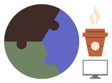 Earth as a puzzle representing sustainability, coffee cup symbolizing energy, and computer for productivity. Ideal for teamwork, collaboration, balance, ecology, environment, creativity businessのイラスト素材