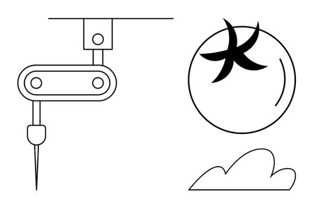 Robotic arm with precision tool interacts with tomato, cloud-shaped ground element. Ideal for agriculture, automation, farming technology, robotics, sustainability, food industry, innovationのイラスト素材