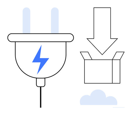 Electric plug with lightning bolt, down arrow pointing at an open box, and stylized cloud. Ideal for energy, technology, e-commerce, cloud storage, sustainability download efficiency themes. Simpleのイラスト素材