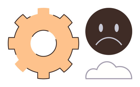 Sad face beside a gear and cloud symbolizing issues or inefficiencies. Ideal for workflow problems, technology, troubleshooting, mood representation, frustrations, decision-making, simple flatのイラスト素材