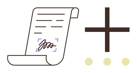 Legal document with signature and text next to bold plus sign and dots, representing growth, additions, agreements. Ideal for contracts, tasks, partnerships, plans, updates workflow organizationのイラスト素材