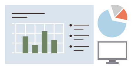 Bar graph, pie chart, and computer screen highlighting data visualization and report analysis. Ideal for business analytics, data management, presentations, progress tracking, research, productivityのイラスト素材