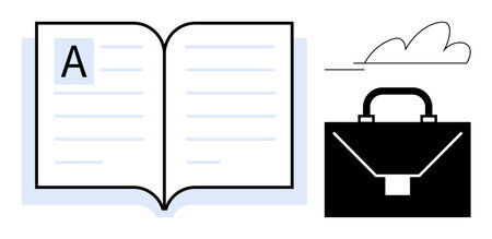 Open book with text beside a briefcase and small cloud. Ideal for education, career planning, business tools, learning, personal growth, productivity, corporate success. Simple flat metaphorのイラスト素材