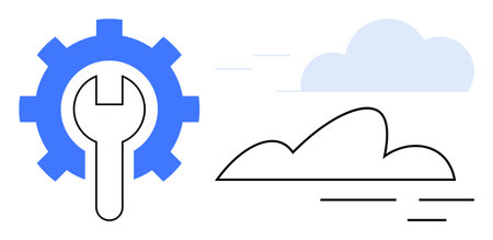 Blue gear with wrench and outlined cloud representing cloud computing, configuration, maintenance, and technology management. Ideal for IT, operations, development, system admin, innovation supportのイラスト素材