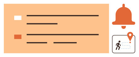 Task list with status boxes, reminder bell icon, and navigation route icon. Ideal for productivity,...
