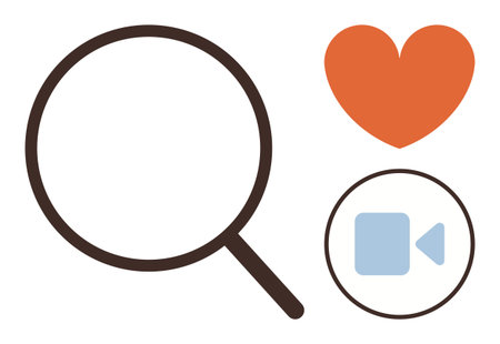 Magnifying glass, red heart, and video camera icon emphasize themes of discovering connections and media. Ideal for research, dating, media, technology, exploration passion and outreach. Simpleのイラスト素材