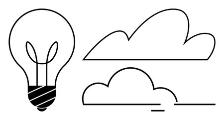 Thin-line lightbulb next to two abstract cloud shapes. Ideal for innovation, ideas, creativity, brainstorming, imagination, simplicity, conceptual thinking. A clean flat metaphor for modern designのイラスト素材