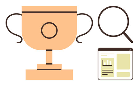 Golden trophy symbolizing success, magnifying glass representing research, and analytics chart for performance. Ideal for motivation, recognition, business, analytics, research, performance simpleのイラスト素材