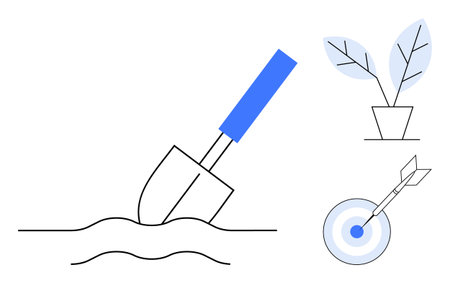 Shovel digging soil, potted plant with leaves, arrow hitting target. Ideal for gardening, growth, productivity, success, focus development and balance concepts. Simple flat metaphorのイラスト素材