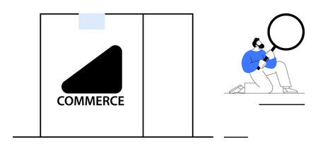 Businessman kneeling with a magnifying glass beside an e-commerce sign, examining market trends. Ideal for business analytics, e-commerce strategies, market research, data analysis, digital growthのイラスト素材