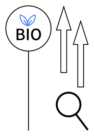 Bio label with leaf, magnifying glass below, and three upward arrows symbolizing growth, eco-focus, and development. Ideal for sustainability, progress, agriculture, green energy eco productsのイラスト素材
