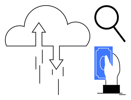 Cloud with uploaddownload arrows, magnifying glass, and hand holding money. Ideal for technology, finance, data sharing, research, innovation cloud service e-commerce. Simple flat metaphorのイラスト素材
