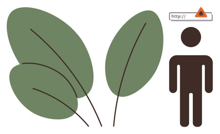 Human figure next to warning notification in URL bar and large green leaves. Ideal for online security, nature, eco-awareness, health, digital safety, education, tech ethics. Simple flat metaphorのイラスト素材