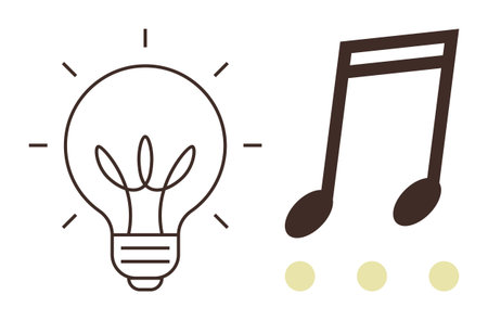 Light bulb radiating simple lines alongside musical note with dots beneath. Ideal for creativity, inspiration, innovation, music, ideas, brainstorming, education. Simple flat metaphorのイラスト素材