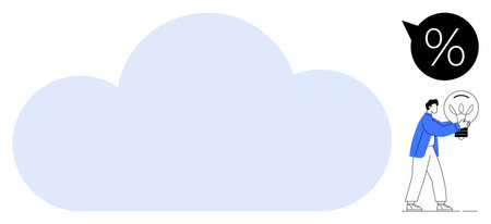 Large cloud with professional holding a light bulb idea and percentage icon. Ideal for innovation,...