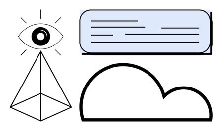 Eye radiating atop a pyramid, adjacent to a cloud and a bordered text box. Ideal for vision, communication, ideas, creativity, data, innovation brainstorming. Simple flat metaphorのイラスト素材