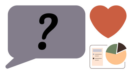 Speech bubble with a question mark, red heart, pie chart with data panel. Ideal for communication,...