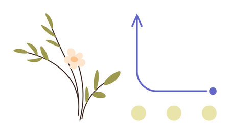 Leafy plant branch with blooming flower paired with upward-trending arrow and dotted line graph. Ideal for growth, progress, nature, eco-friendly concepts, success, balance, blooming. Clean flatのイラスト素材