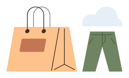 Large shopping bag next to folded green pants with a cloud above. Ideal for retail, shopping, sustainability, eco-conscious lifestyle, e-commerce, fashion, and minimalist living. Simple flat metaphorのイラスト素材
