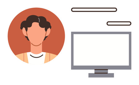 Unidentified person next to a computer screen with text elements above. Ideal for communication, technology, work, education, digital collaboration, online presence, simple flat metaphorのイラスト素材