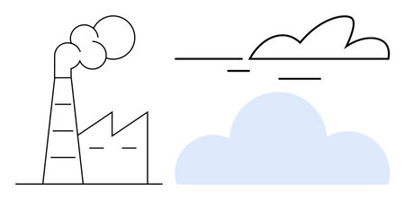 Factory emitting smoke with abstract clouds indicating air pollution and environmental health concerns. Ideal for industry, pollution, climate change, sustainability, ecology, global warmingのイラスト素材