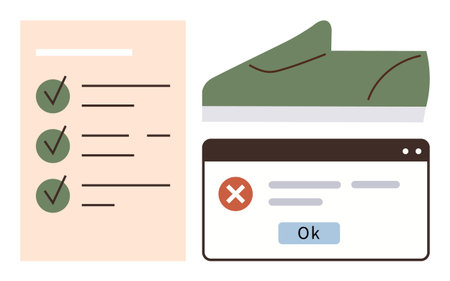 Task checklist with green checkmarks, error popup with red cross and OK button, green sneaker. Ideal for productivity, organization, clarity, workflow, decision-making goal-setting minimalism. Aのイラスト素材