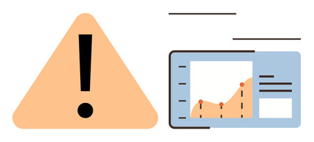 Alert triangle with exclamation mark next to analytic dashboard showing a line graph and statistics. Ideal for risk, security, data alert, analysis, monitoring, management, and finance themes. Aのイラスト素材