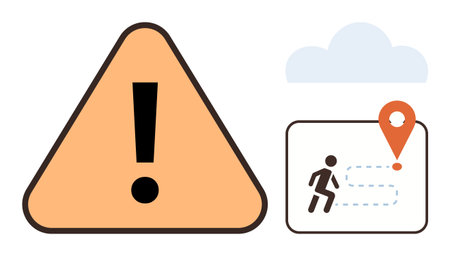 Exclamation mark in a warning triangle next to a map route with a runner and destination marker. Ideal for safety, travel, alerts, navigation, fitness, risk management, simple flat metaphorのイラスト素材