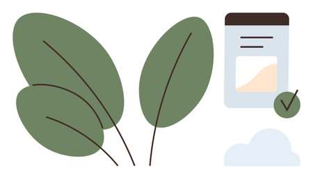 Large green leaves next to a document with a verified checkmark, accompanied by a cloud. Ideal for sustainability, eco-approval, renewable energy, environmental care, documentationのイラスト素材