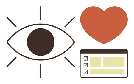 Eye with rays, heart symbol, and checklist interface illustrate vision, care, and order. Ideal for creativity, wellness, productivity planning focus inspiration mental clarity. A simple flatのイラスト素材