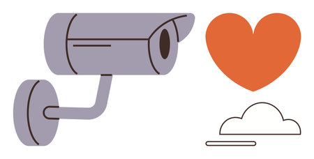Security camera pointing forward, orange heart symbol for care or attention, and cloud symbol...