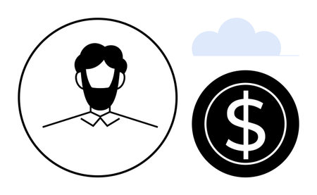 Circle with man s silhouette, cloud, black dollar sign. Ideal for finance, business, networking, savings, investment career development online services. Minimalist flat metaphorのイラスト素材