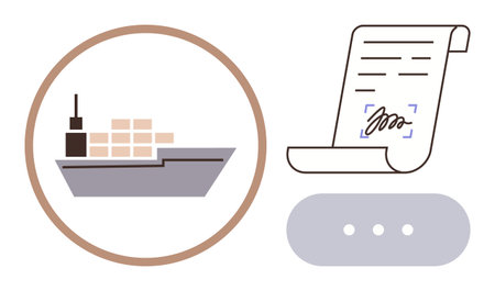 Cargo ship carrying containers inside a circle and a signed contract symbolizing global trade, shipping, and agreements. Ideal for logistics, export, contract, commerce, supply chain, tradeのイラスト素材