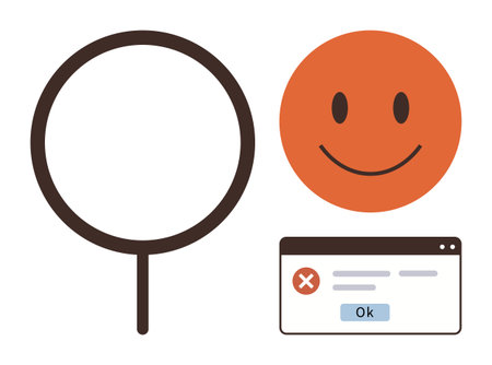 Magnifying glass, smiling face, and error popup window represent search, positivity, and challenge in digital scenarios. Ideal for technology, feedback, troubleshooting, exploration analysisのイラスト素材