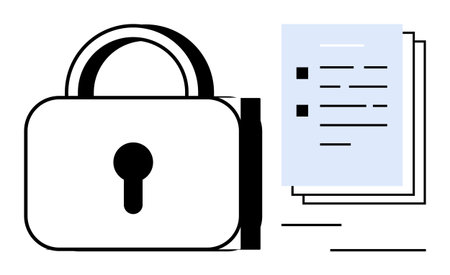 Padlock symbolizes security beside multiple documents representing data protection, information confidentiality, and cybersecurity. Ideal for privacy, encryption, compliance, access controlのイラスト素材
