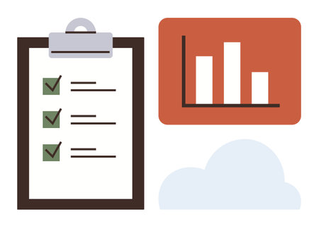 Clipboard with checklist and green check marks, bar chart, light cloud. Ideal for productivity, planning, business strategy, data analysis, progress tracking, organization simple flat metaphorのイラスト素材