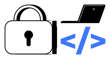 Padlock symbolizing security, laptop signifying technology, and coding brackets for programming....