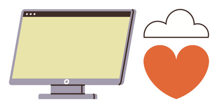 Computer screen with yellow display next to a cloud outline and orange heart shape. Ideal for technology, networking, innovation, connectivity, cloud computing, digital love, emotional interactionのイラスト素材
